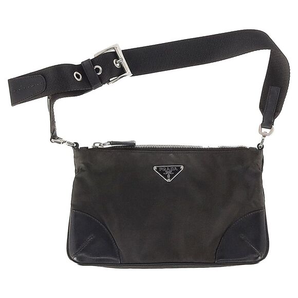 Prada Enameled Metal Triangle Shoulder Bag in Black Nylon - Picture 1 of 12